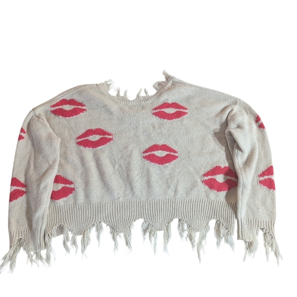 💋 Just Polly New York Lip Print Distressed Crop Sweater – Small - Picture 4 of 7